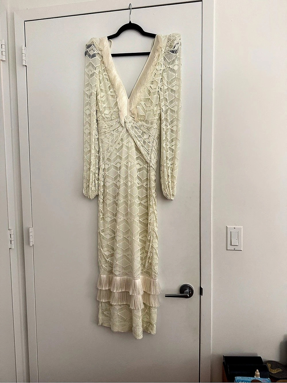 PatBO V Neck Fringe Maxi Dress Cream